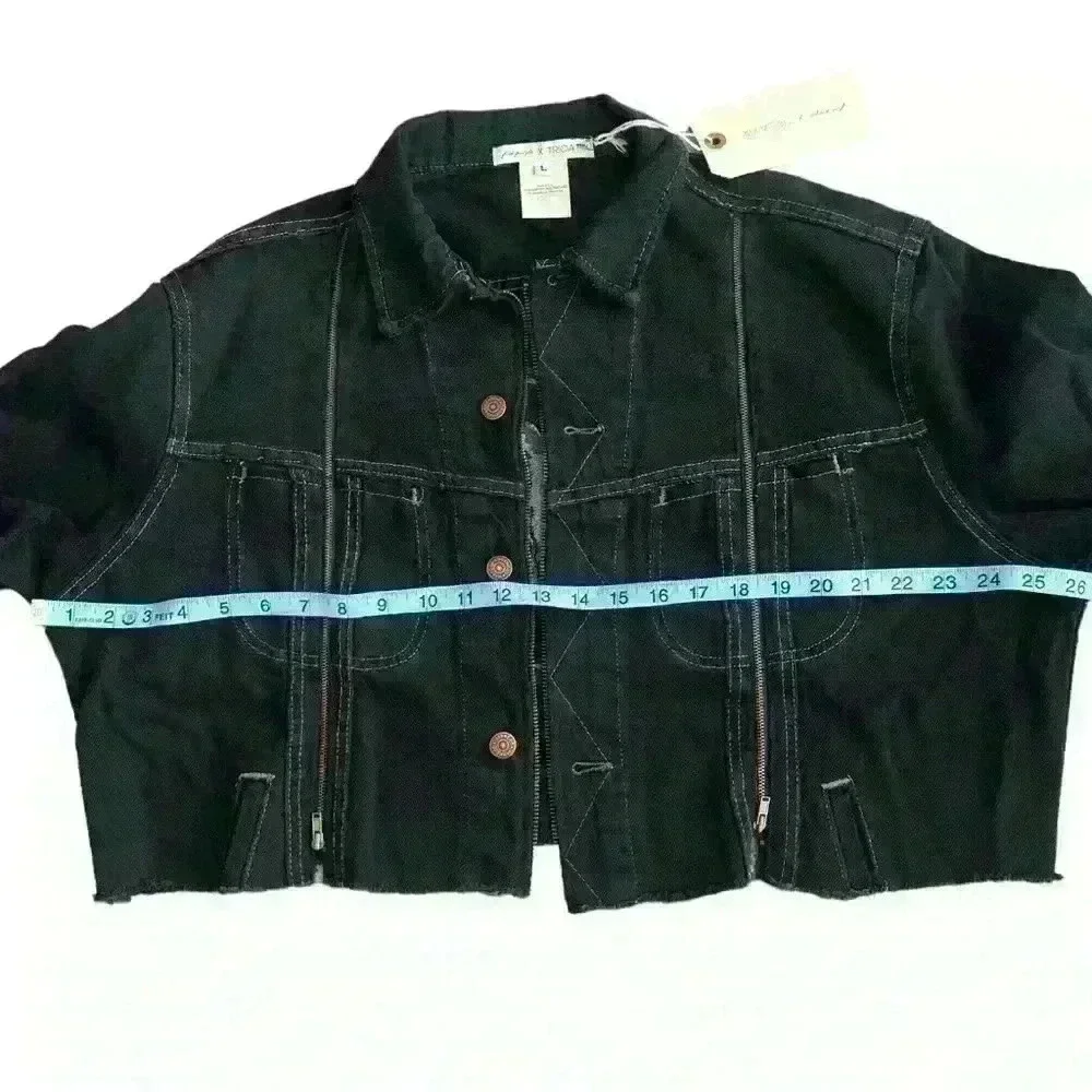 Free people Tricia Fix Western Crop denim jacket size L zipper in wash black nwt - Picture 9 of 12